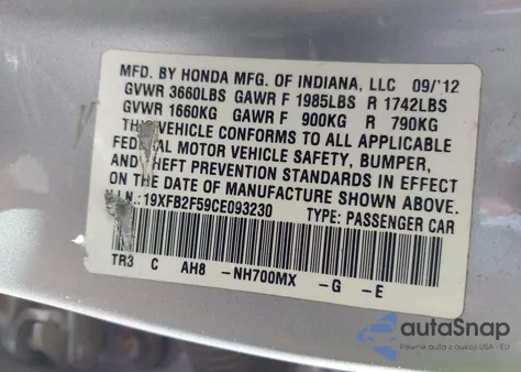 2012 Honda Civic Lx из США, поврежденный, VIN 19XFB2F59CE093230